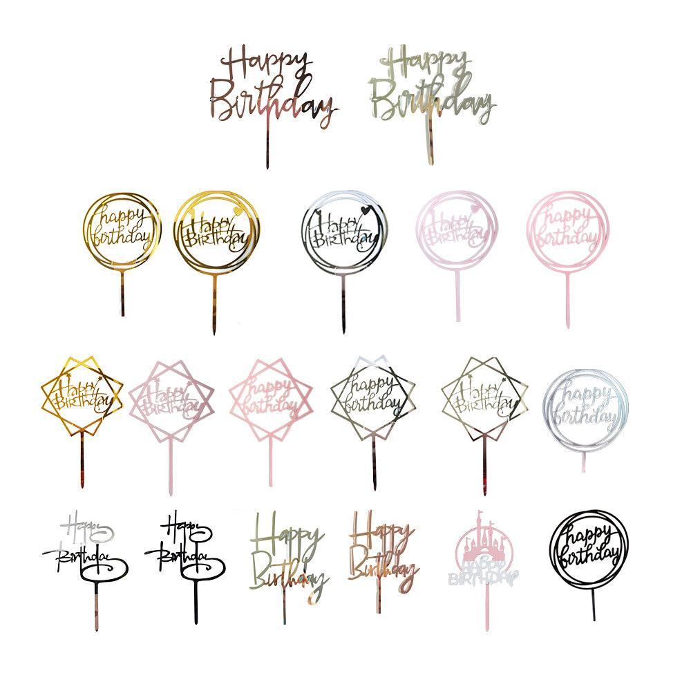 Acrylic Home Happy Birthday Decor Baking Cake Topper Card Party Decor Supply - Gold G24