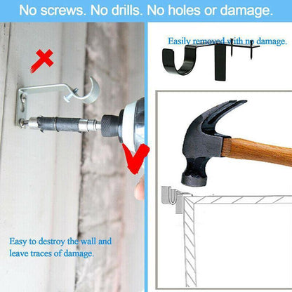 2X Bracket Hang Curtain Rod Holders Single Hook Tap Right Into Window Frame Rod