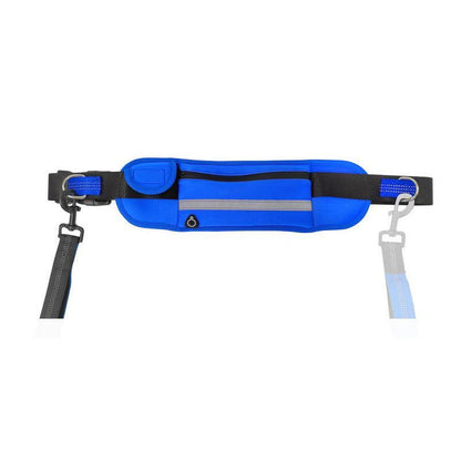 Adjustable Hands Free Dog Leash Lead + Waist Bag Belt Jogging Walking Running - Black + Blue