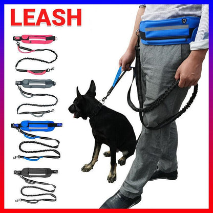 Adjustable Hands Free Dog Leash Lead + Waist Bag Belt Jogging Walking Running - Black+Grey