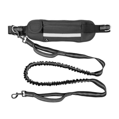 Adjustable Hands Free Dog Leash Lead + Waist Bag Belt Jogging Walking Running - Black+Grey