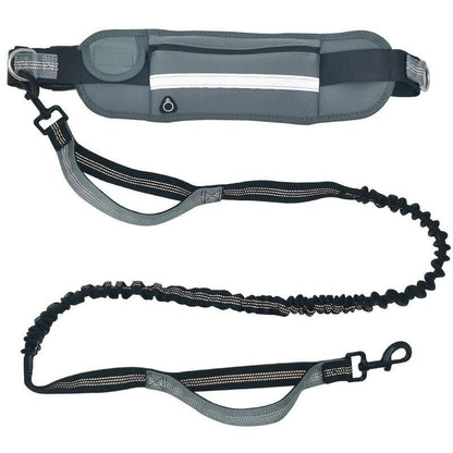 Adjustable Hands Free Dog Leash Lead + Waist Bag Belt Jogging Walking Running - Black+Grey