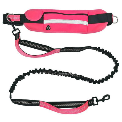 Adjustable Hands Free Dog Leash Lead + Waist Bag Belt Jogging Walking Running - Black+Pink