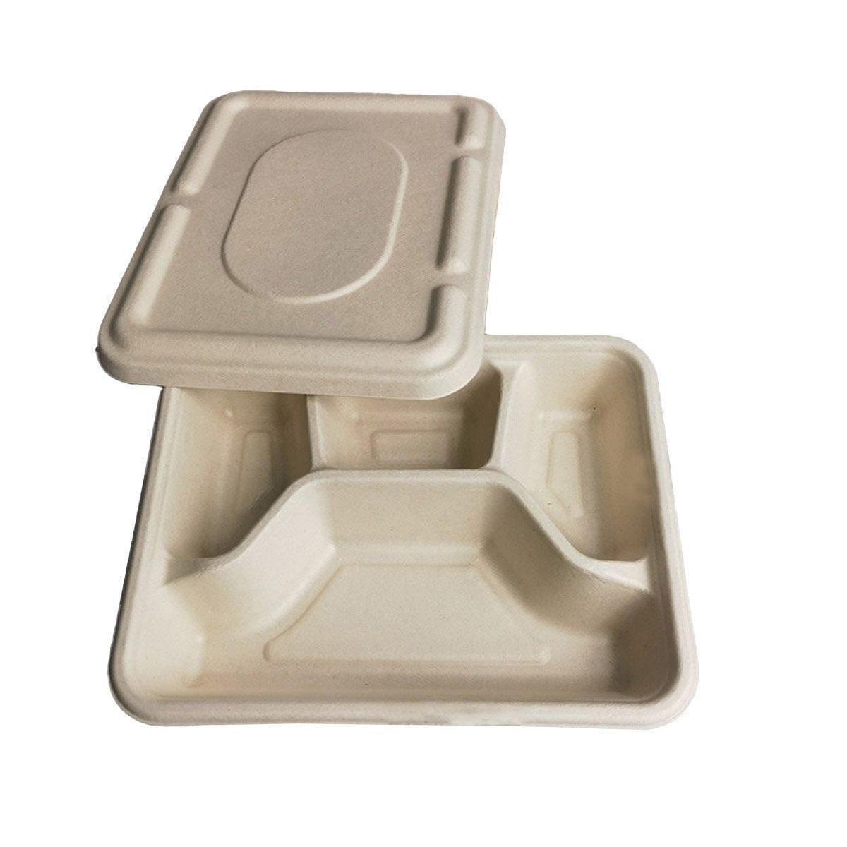 25/50pcs Biodegradable Lunch Box Microwaveable Tray with Compartment Paper Lid - 1400ML-6-50pcs