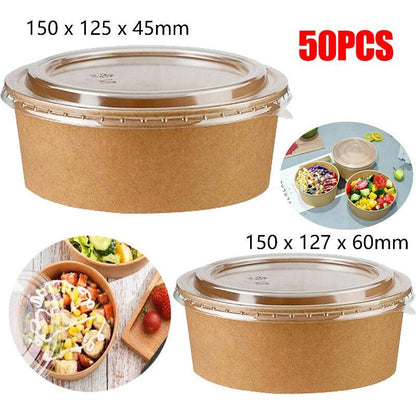Take Away Kraft Paper Salad Bowl Food Grade Takeout Tableware Food Bowl With Lid - 50PCS-750ML