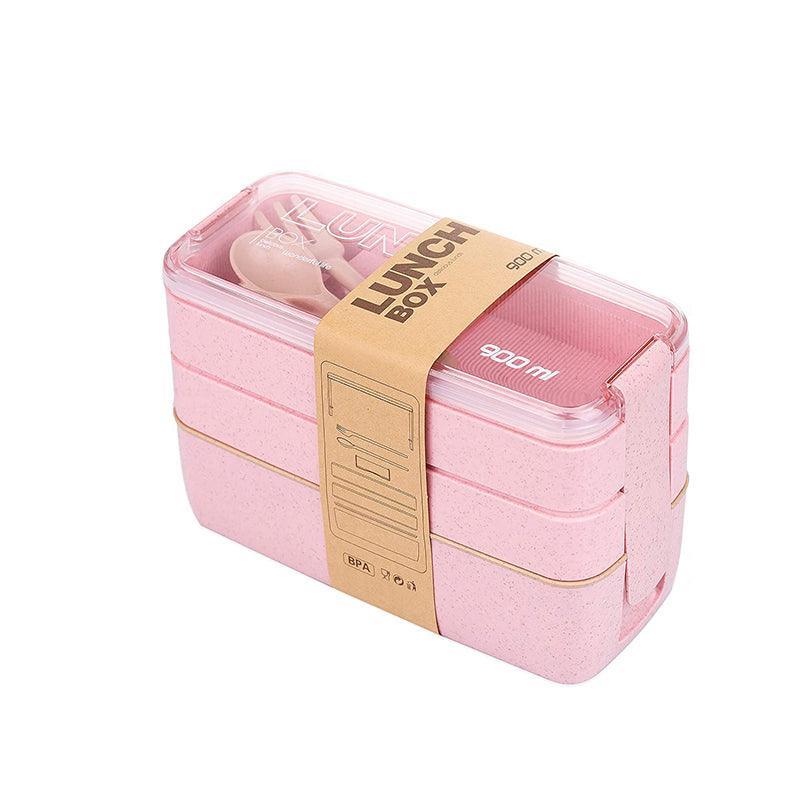Lunch Box 3-Layer Bento Food Container 900ml with Spoon Fork Portable Student Use - Beige