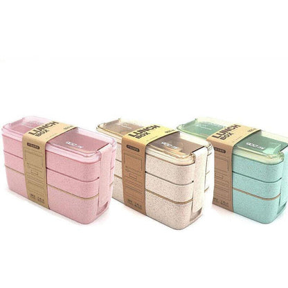 Lunch Box 3-Layer Bento Food Container 900ml with Spoon Fork Portable Student Use - Pink