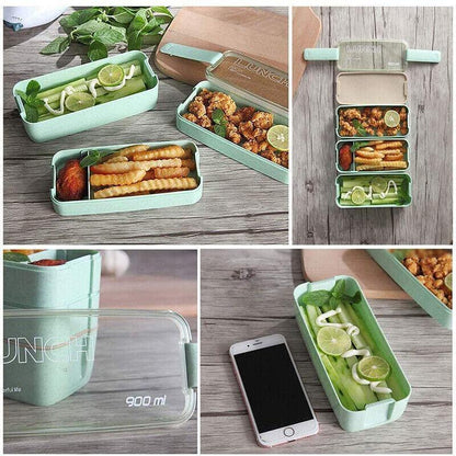 Lunch Box 3-Layer Bento Food Container 900ml with Spoon Fork Portable Student Use - Pink