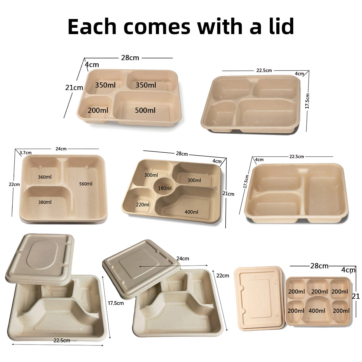 25/50pcs Biodegradable Lunch Box Microwaveable Tray with Compartment Paper Lid - 1100ml-4-50pcs