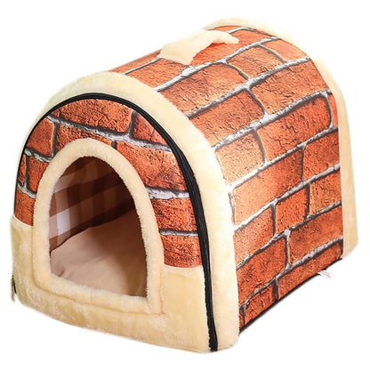 XL Size Pet House Kennel Soft Igloo Beds Cave Cat Puppy Bed Warm Cushion Fold - Brick