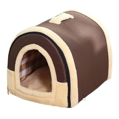 L Size Pet House Kennel Soft Igloo Beds Cave Cat Puppy Bed Warm Cushion Fold - Brown Dots