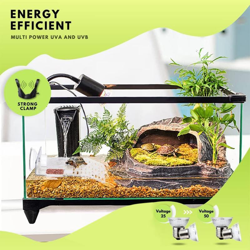 E27 Reptile Heat Lamp UVA UVB Turtle Lizard Heating Light with Clip - 50W Bulb + White Holder
