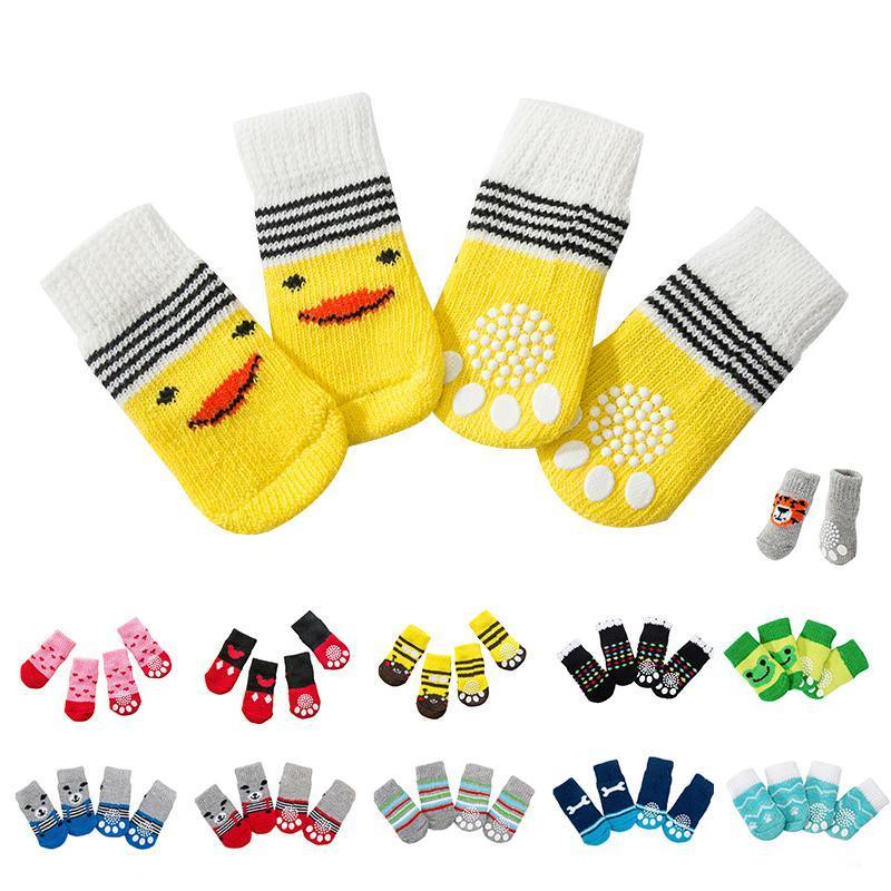 Non Slip Pet Socks for Dogs and Cats Knitted Paw Protector with Grips L Size - Red bear