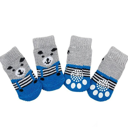 Non Slip Pet Socks for Dogs and Cats Knitted Paw Protector with Grips L Size - Blue bones