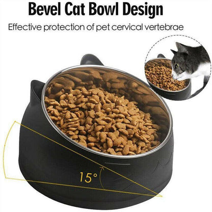 Pet Dog Cat Food Bowl Raised No Slip Stainless Steel Tilted Water Food Feeder - Black