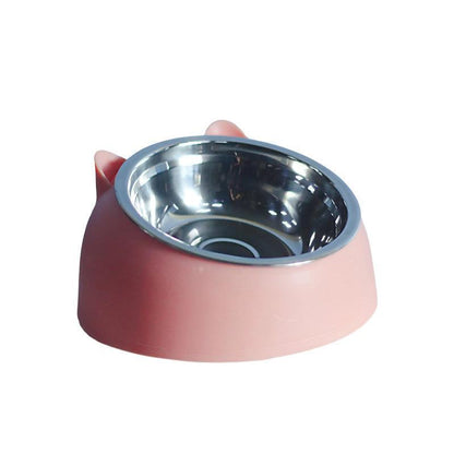Pet Dog Cat Food Bowl Raised No Slip Stainless Steel Tilted Water Food Feeder - Black