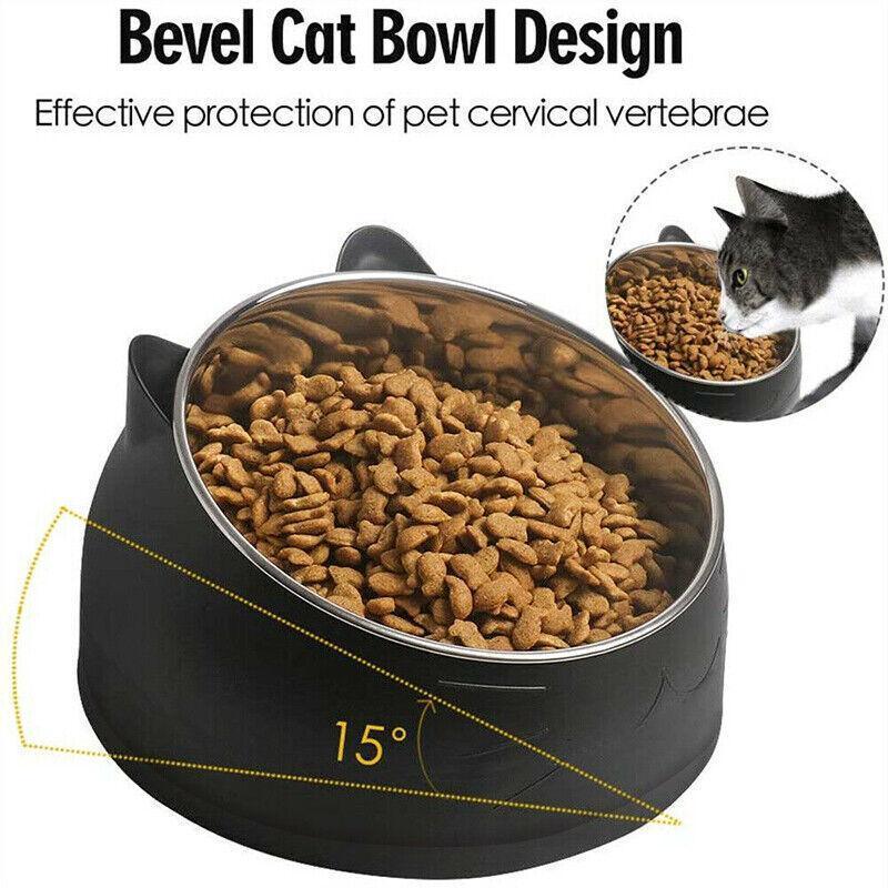 Pet Dog Cat Food Bowl Raised No Slip Stainless Steel Tilted Water Food Feeder - Blue