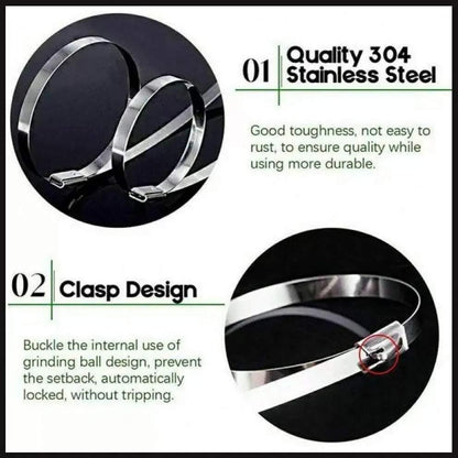 100x Stainless Steel Cable Ties SS304 Marine Grade Zip Strap Locking Wrap 100-800mm - 7.9*300mm