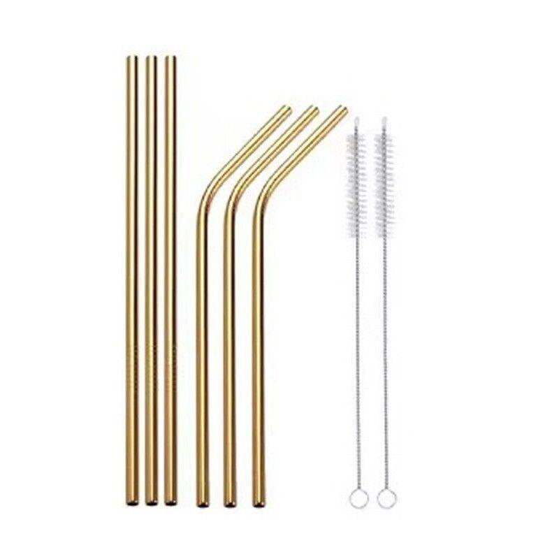 Reusable 304 Stainless Steel Straws Metal Drinking Washable Straw Brushes Set 2 - Gold Set 2