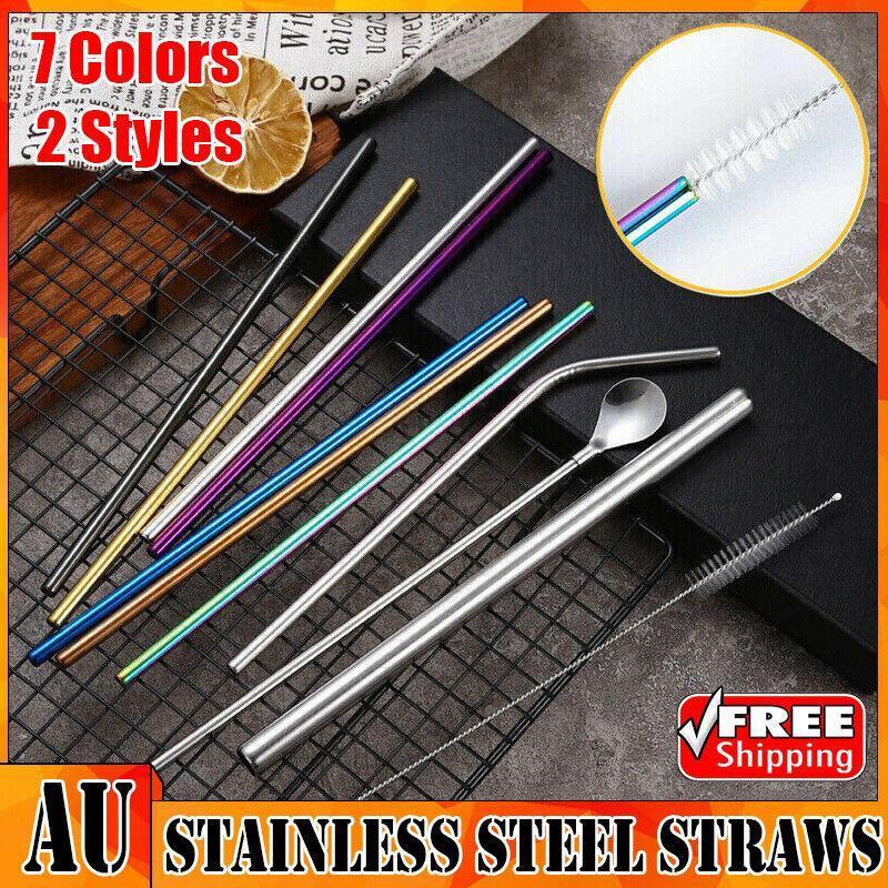 Reusable 304 Stainless Steel Straws Metal Drinking Washable Straw Brushes Set 2 - Purple Set 2