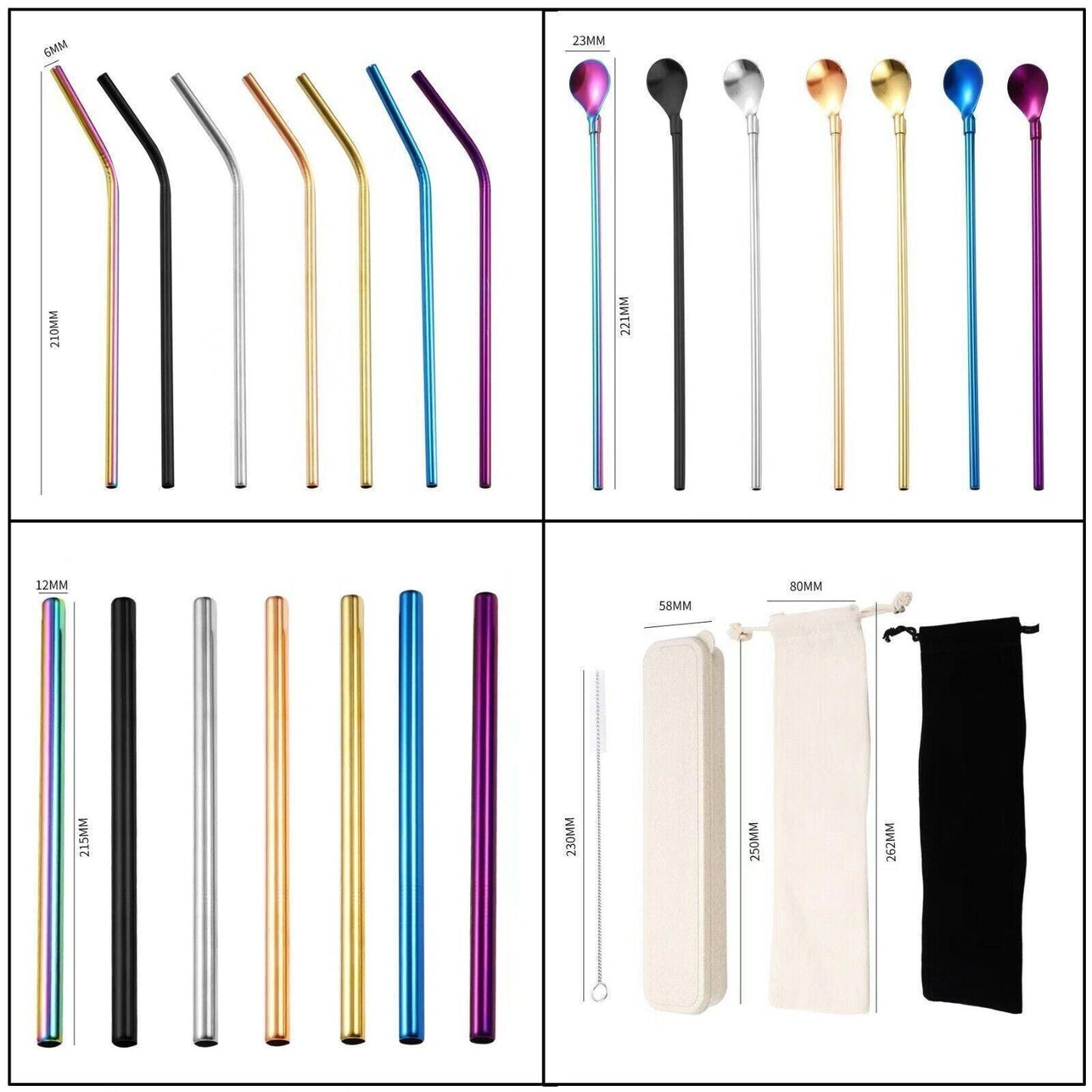 Reusable 304 Stainless Steel Straws Metal Drinking Washable Straw Brushes Set 2 - Straw Box Only
