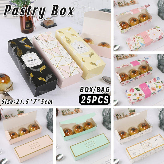 25pcs Long Strip Clamshell Packaging Box 3-Compartment Dessert Storage Box - Pink