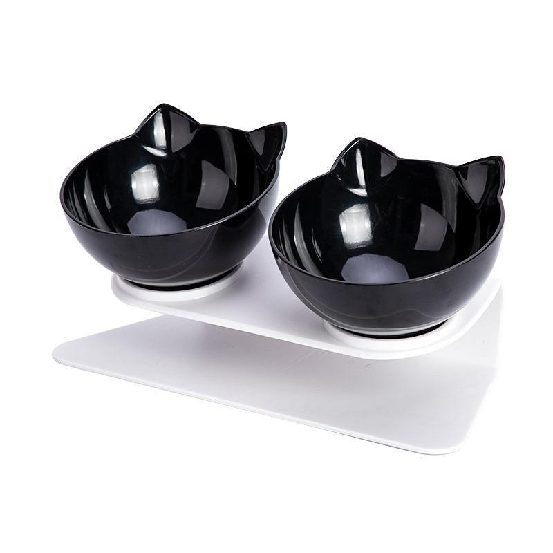 Double Cat Bowl Pet Bowls Stand Dog Elevated Feeder Food Water Raised Lifted Au - Black+Transparency