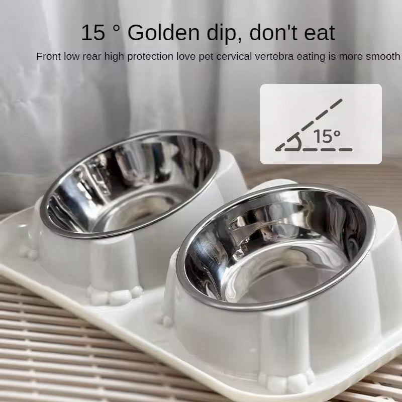 Cat Dog Food Bowl Double Slanted Mouth Feeding Water Dish Raised Pet Bowl Stand - Dark Blue