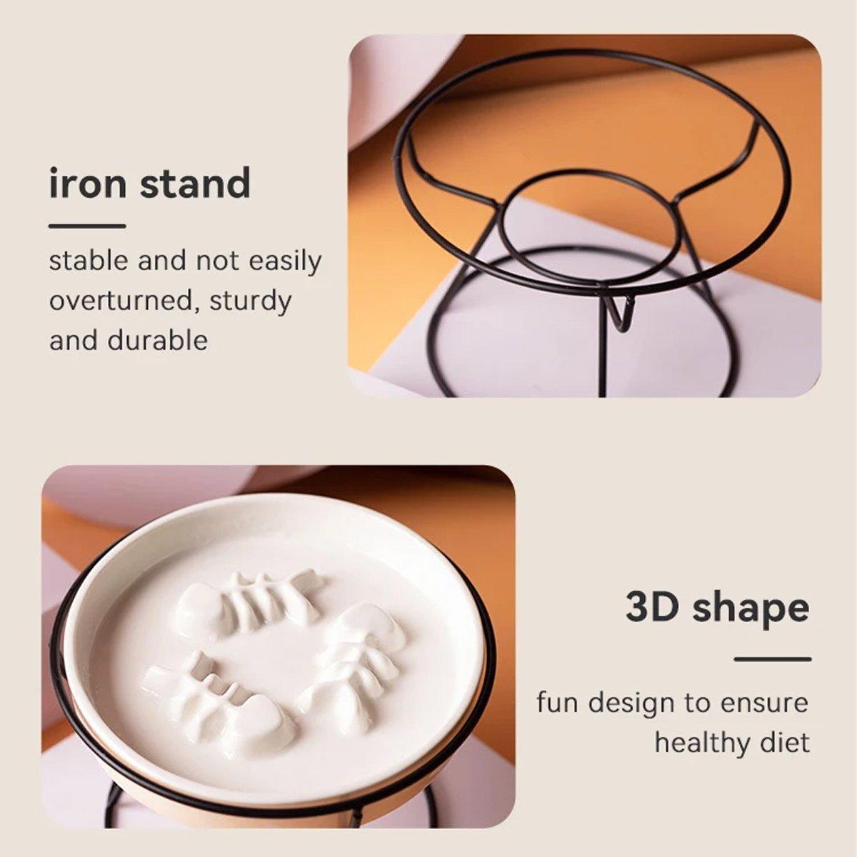 Ceramic Cat Bowl Slow Feeder Pet Food Tray for Cats and Dogs Non Slip Design - White Bowl-Gold Tray Rack
