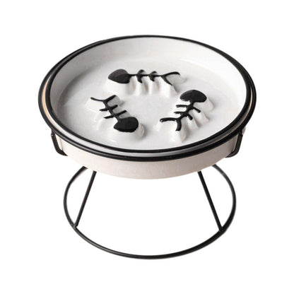 Ceramic Cat Bowl Slow Feeder Pet Food Tray for Cats and Dogs Non Slip Design - White Bowl-Gold Tray Rack