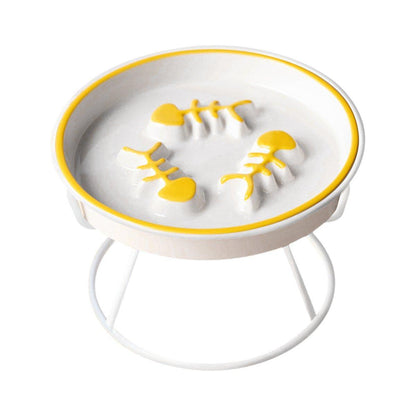 Ceramic Cat Bowl Slow Feeder Pet Food Tray for Cats and Dogs Non Slip Design - White Bowl-Gold Tray Rack