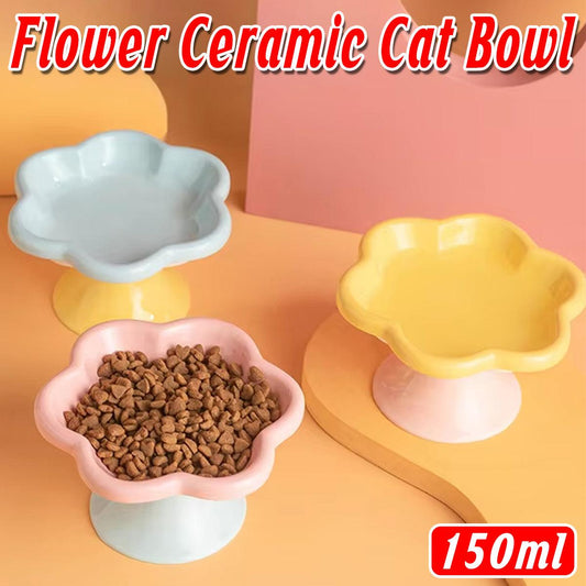 Flower Ceramic Cat Bowl Pet Food Bowl Snack Tray for Cats and Small Pets Feeding - Yellow