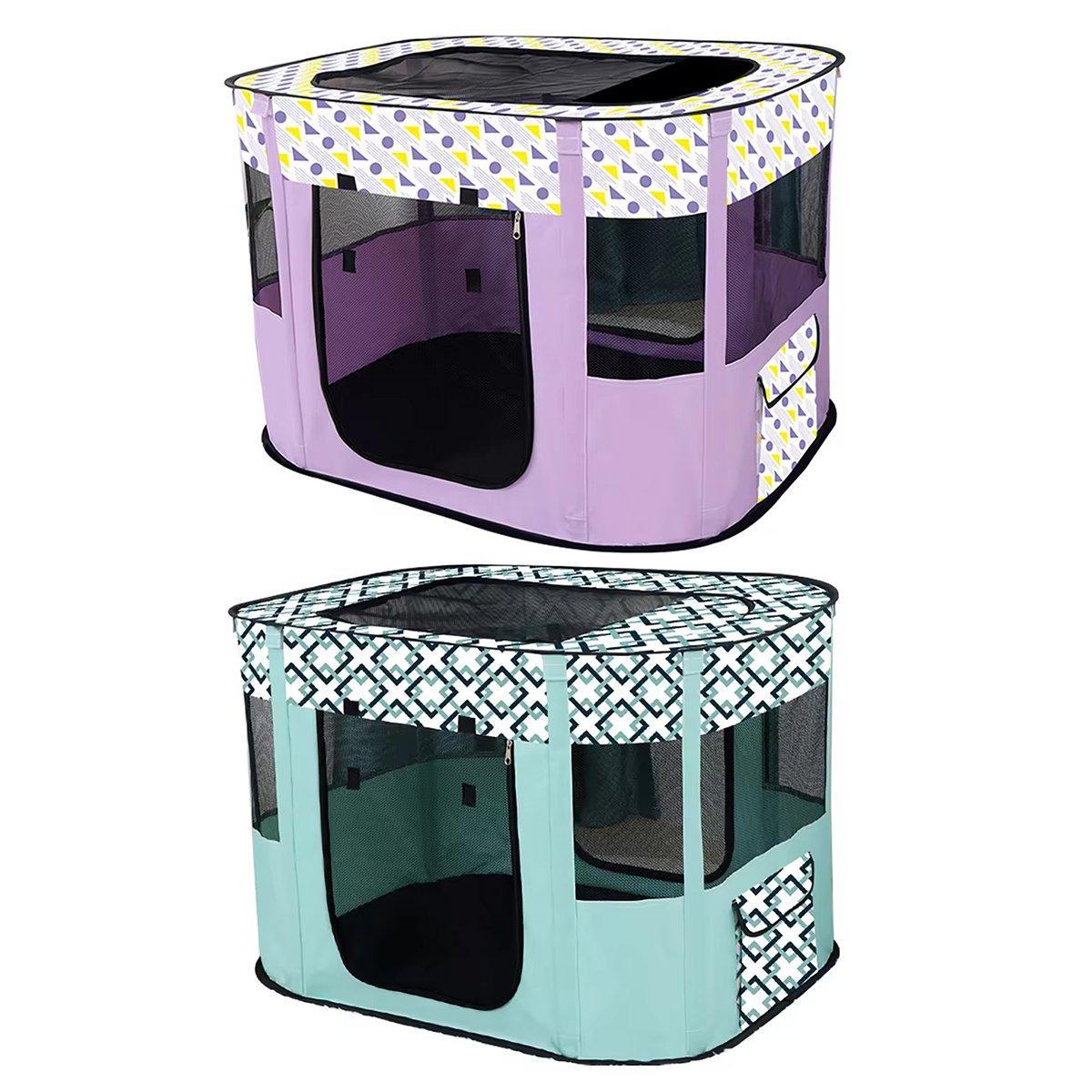Foldable Cat Dog Kennel Pet Delivery Cage Portable Pet Fence Tent - Cyan-M