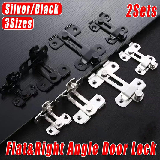 2 Sets 90 Degree Sliding Door Latch Lock Catch Kit for Home Use - Flat-Silver-L