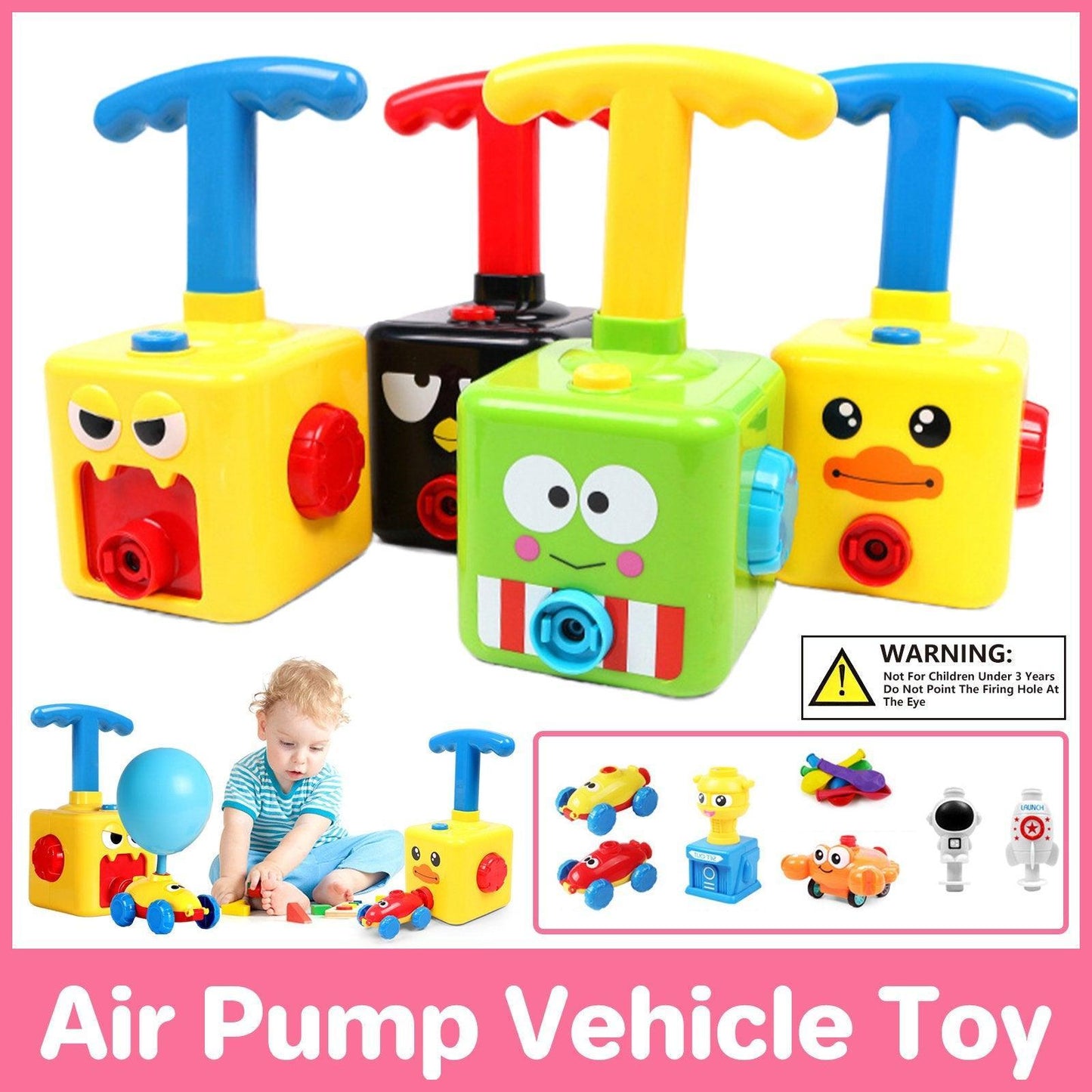 Kids Balloon Powered Car Toy Air Pump Racer Launcher Fun Vehicle Pump Toys - Monsters