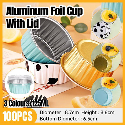 100Pcs Cake Tools Pudding Cake Aluminum Foil Baking Cups Cupcake Cup with Lids - 100pcs-Blue