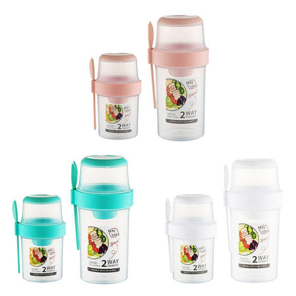 Double Plastic Salad Cup with Fork Sealed Breakfast Container for On-the-Go Meal - 560ml-Pink