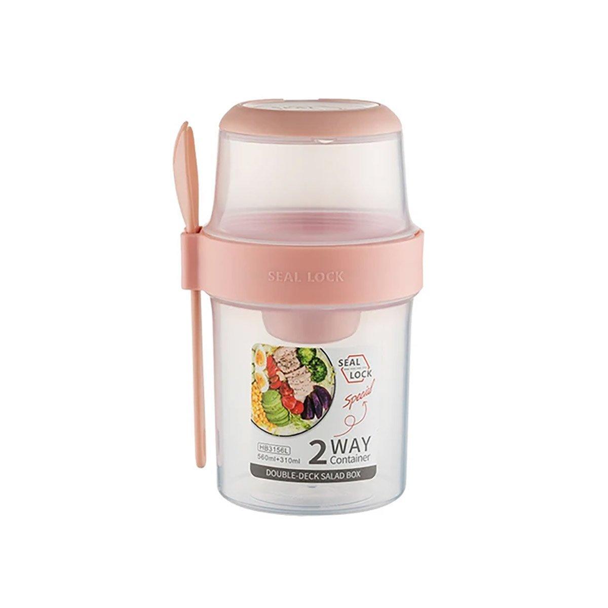 Double Plastic Salad Cup with Fork Sealed Breakfast Container for On-the-Go Meal - 760ml-Pink