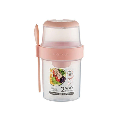 Double Plastic Salad Cup with Fork Sealed Breakfast Container for On-the-Go Meal - 760ml-Pink