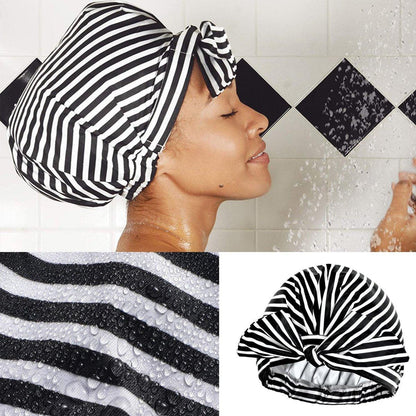 Woman Shower Cap Reusable Long Hair Large Turban Bathroom Waterproof Hair Cap - Black Background