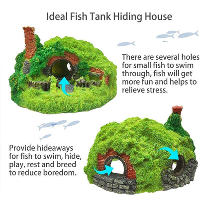 Resin Grass House Aquarium Ornament Natural Fish Tank Decoration Hideaway - A