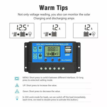 20A Solar Charge Controller 12V 24V LCD 2 USB Ports Lead-Acid Regulator