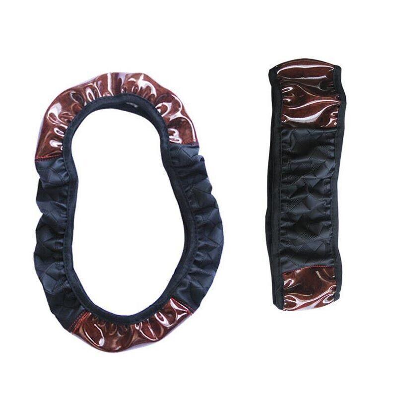 PU Leather Car Steering Wheel Cover With Mahogany Pattern 38cm Anti Slip Grip