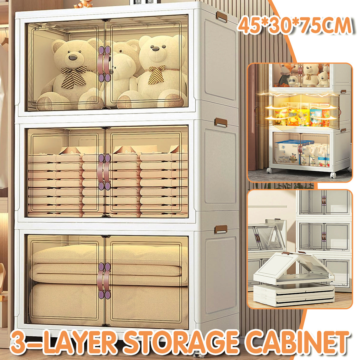 3 Tier Folding Storage Cabinet Shelf with Doors and Wheels for Home Office Dorm