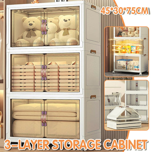 3 Tier Folding Storage Cabinet Shelf with Doors and Wheels for Home Office Dorm