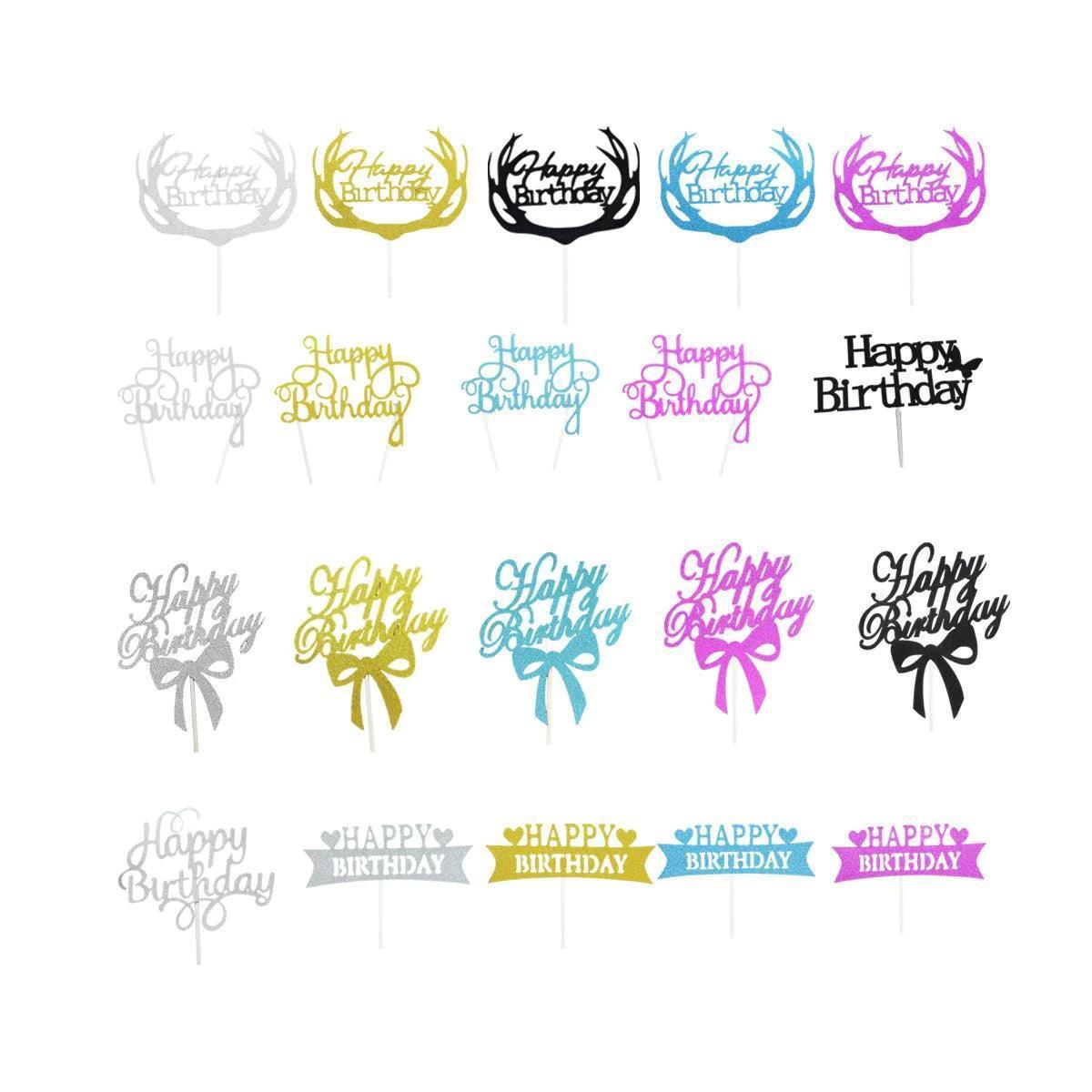 Happy Birthday Cake Topper Colour Printed Acrylic Party Decorations - Gold-Thin Line