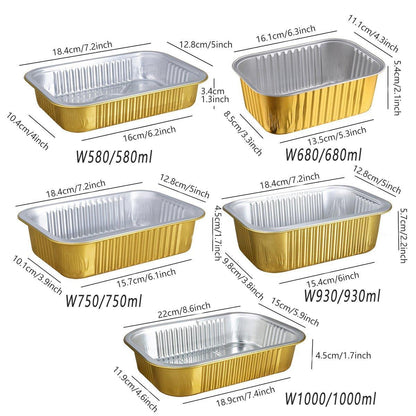 50 PCS Thickened Foil Box with Plastic Lid Rectangular Aluminum Foil - 580ml