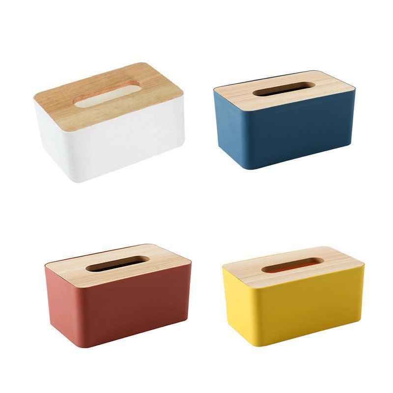 Wooden Lid Tissue Storage Box Dispenser for Napkins Desk Paper Holder Organiser - Yellow