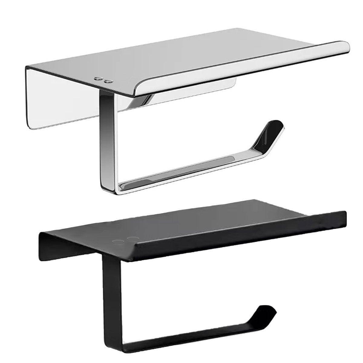304 Stainless Steel Toilet Paper Holder Non-perforated Roll with Phone Rack - Black