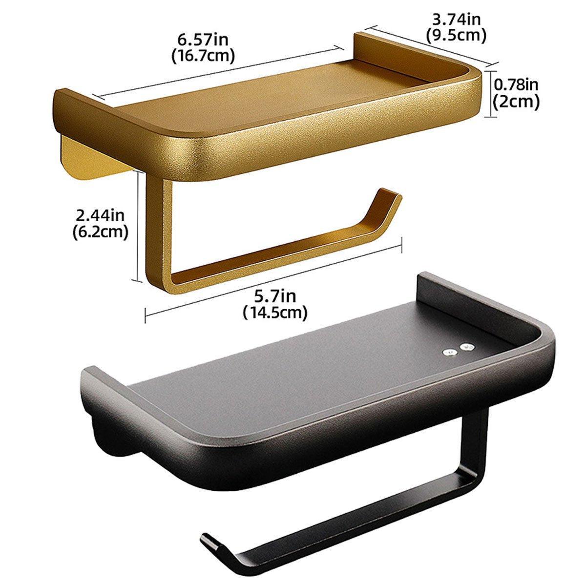 Wall Mounted Aluminum Toilet Paper Holder Non-perforated Tissue Cell Phone Shelf - Golden